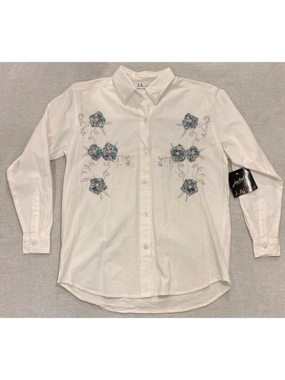 NOS J.A. Studio Vintage White Cotton Blouse Floral Sequined Pearl Collar S New